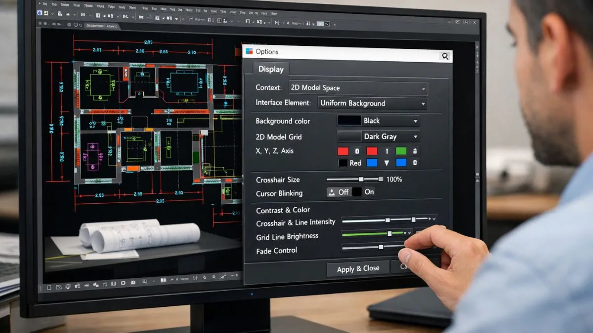 Ajustes de contraste e cores no AutoCAD para melhorar a visualização e a legibilidade do desenho técnico.