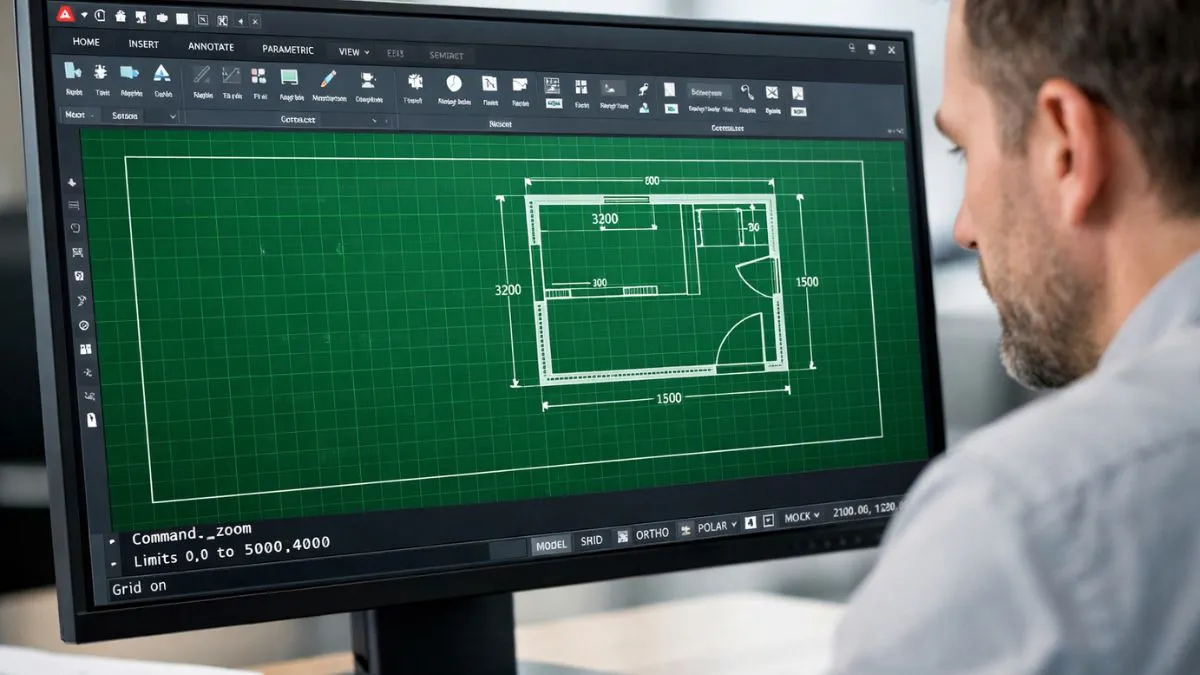 Área gráfica do AutoCAD com ajustes visuais de grades, cores e limites ativos, exibindo planta baixa alinhada ao grid para maior precisão no desenho técnico.