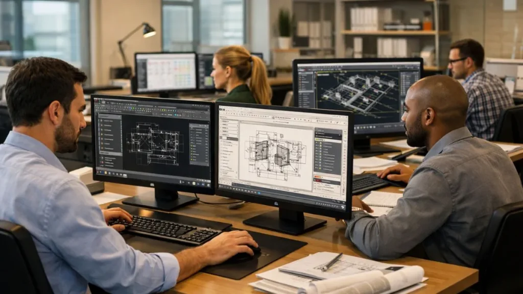 Espaço de trabalho corporativo com equipe multidisciplinar utilizando o AutoCAD em estações individuais para desenvolver e revisar projetos técnicos personalizados.