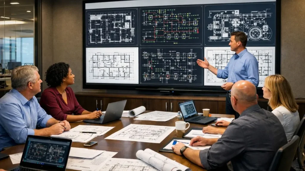 Boas práticas ao criar versões de projeto no AutoCAD apresentadas em reunião técnica para organização, controle e evolução segura dos desenhos.