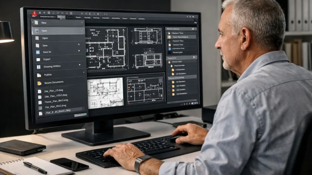 Menu de Aplicação do AutoCAD utilizado por um profissional experiente para gerenciar múltiplos projetos e aplicar boas práticas avançadas no controle de arquivos e fluxos de trabalho técnicos.