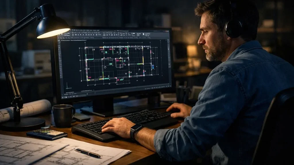 Boas práticas no AutoCAD para trabalhar em ambientes escuros e sessões prolongadas, com foco em conforto visual.