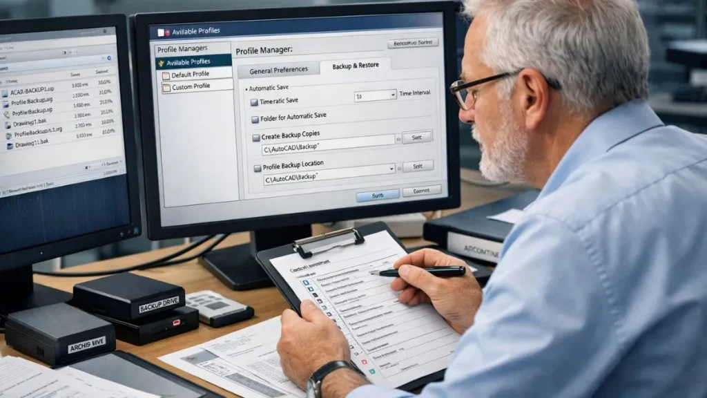 Boas práticas para gerenciar perfis de usuário no AutoCAD com backup e restauração de configurações.