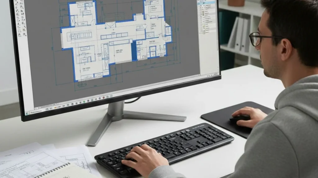Janela de desenho do AutoCAD utilizada com boas práticas de produtividade, exibindo planta arquitetônica organizada para edição precisa e eficiente do projeto.