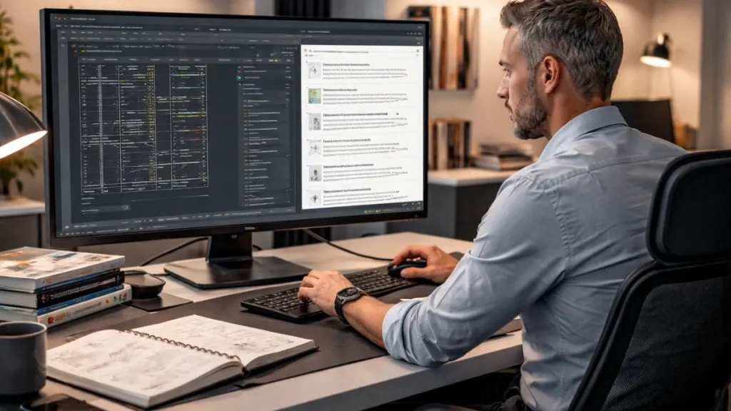 Ajuda no AutoCAD em uso avançado, com painéis integrados exibindo conteúdos técnicos e orientações detalhadas durante o desenvolvimento de um projeto profissional.