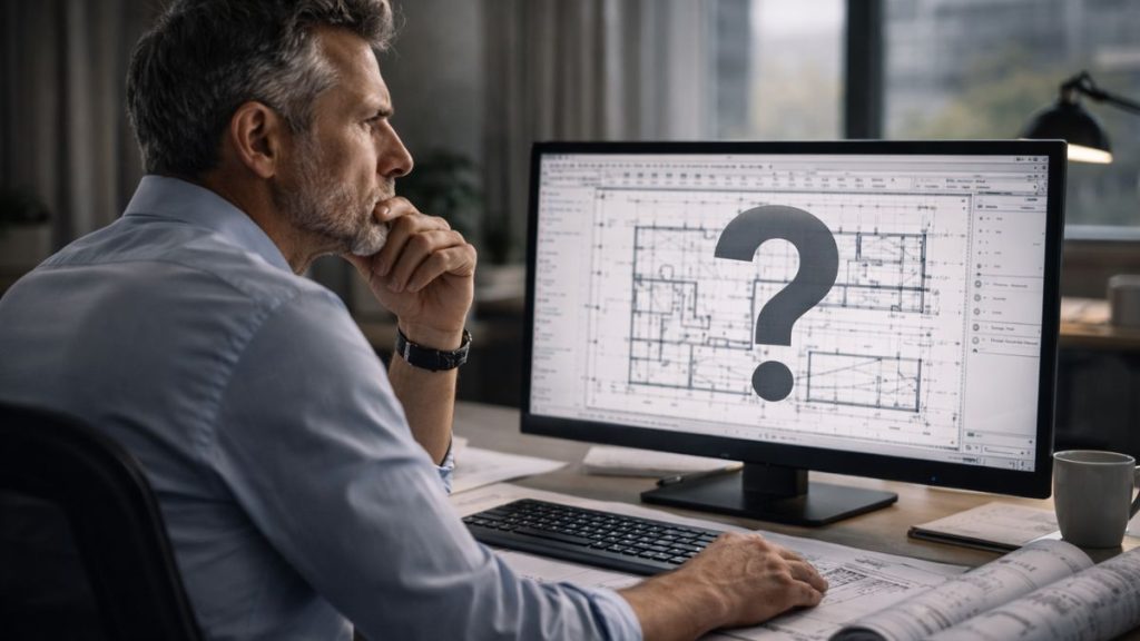 Profissional observa um projeto técnico na tela em um momento de dúvida, refletindo antes de seguir adiante com uma decisão consolidada.