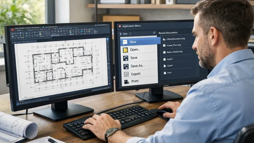 Menu de Aplicação do AutoCAD exibido em um ambiente de escritório técnico, com opções de novo, abrir, salvar e exportar enquanto um projetista analisa uma planta arquitetônica 2D em dois monitores.