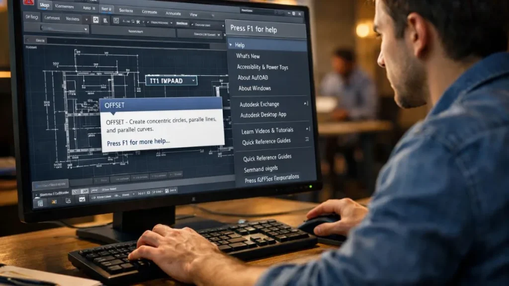 Ajuda no AutoCAD sendo acionada pelo comando F1, exibindo dicas contextuais do comando OFFSET diretamente na área de desenho durante a execução de um projeto técnico.