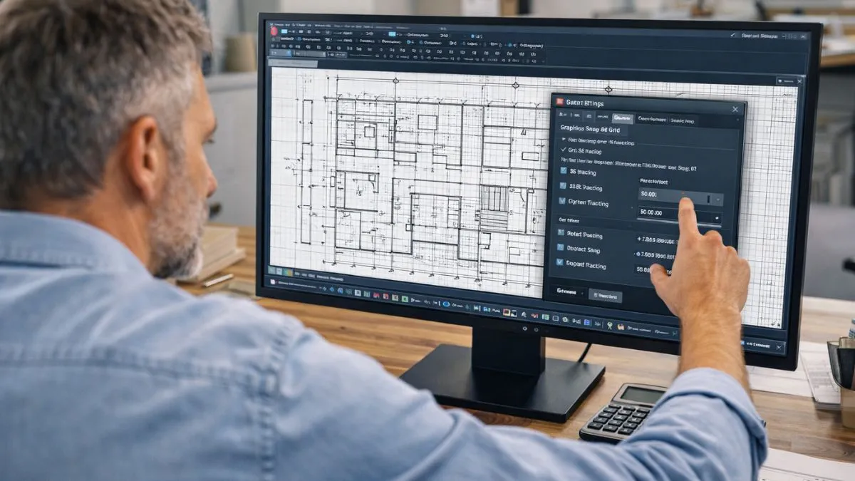 Ajuste do espaçamento do grid no AutoCAD por meio do painel de configurações para alinhamento preciso do desenho técnico.