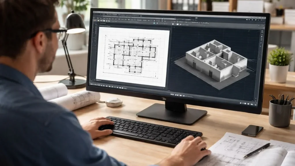Janela de desenho do AutoCAD configurada para exibição simultânea em 2D e 3D, mostrando planta baixa e modelo tridimensional do projeto no mesmo ambiente de trabalho.