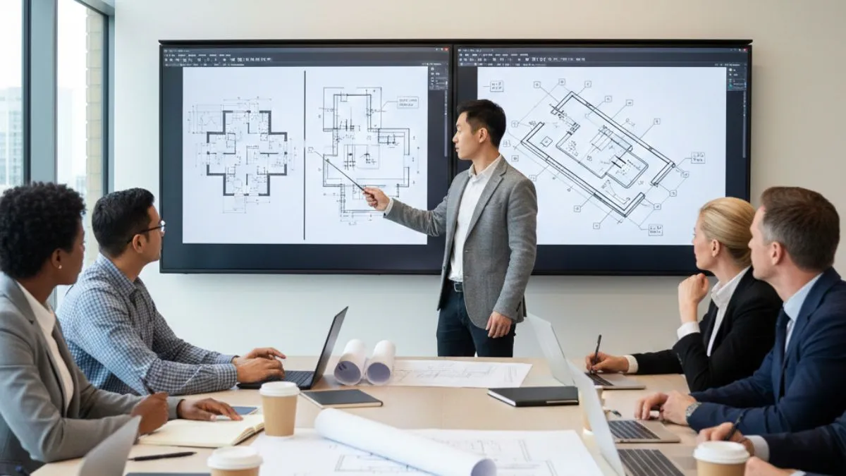 Salvar Arquivos no AutoCAD com definição de local e versão padrão durante reunião técnica de equipe analisando projetos arquitetônicos.