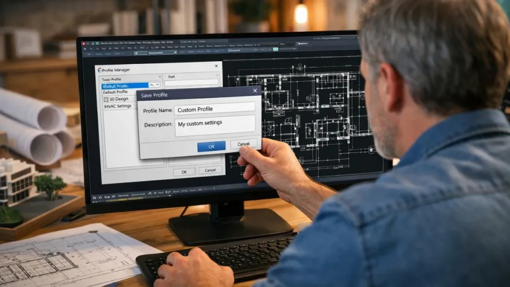 Criação e salvamento de perfil de usuário personalizado no AutoCAD a partir do gerenciador de perfis.