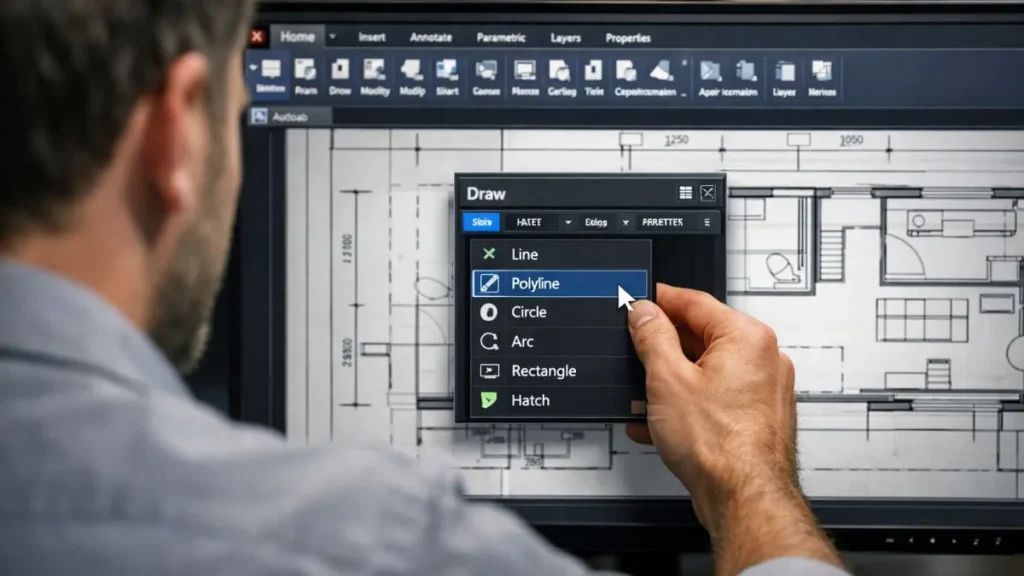 Painéis flutuantes no AutoCAD exibindo ferramentas de desenho sobre a planta, com menu destacável sendo utilizado para criar polilinhas.