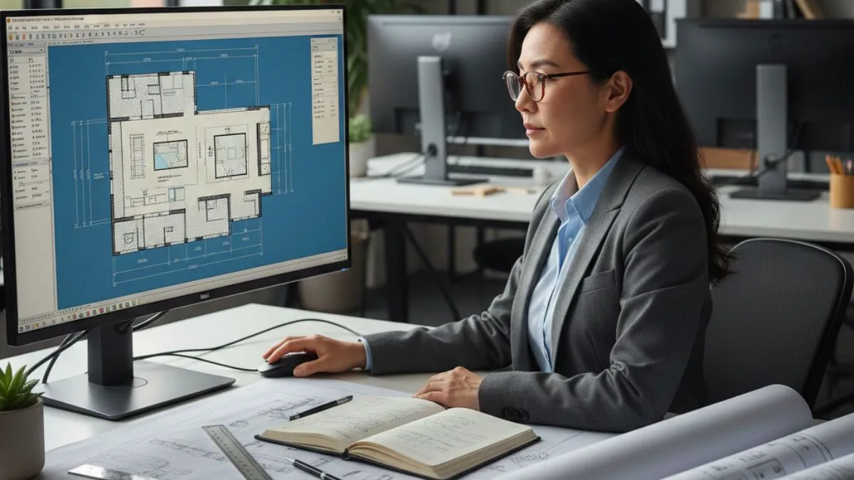 Salvar Arquivos no AutoCAD durante o primeiro salvamento do projeto, com profissional organizando e registrando o desenho técnico no ambiente de trabalho.