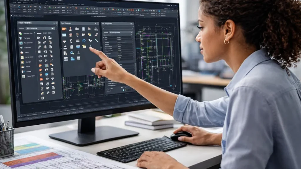 Paletas no AutoCAD sendo habilitadas e utilizadas por uma profissional para acessar ferramentas e propriedades em um projeto técnico 2D.