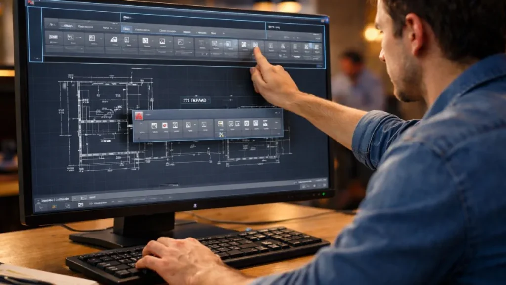 Reposicionamento da Ribbon no AutoCAD, mostrando o processo de mover e ancorar a faixa de opções diretamente na interface do software.