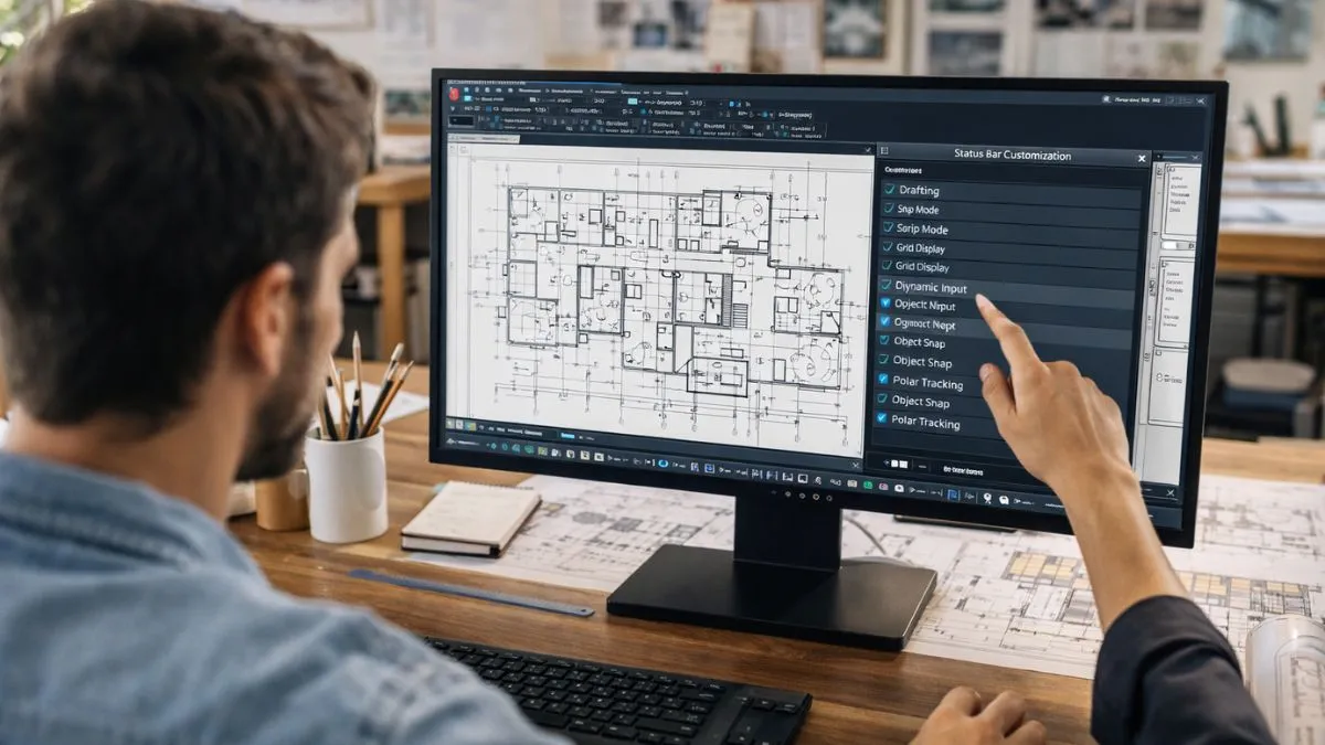 Barra de status do AutoCAD sendo personalizada com a ativação e desativação de recursos durante a edição de um projeto técnico.