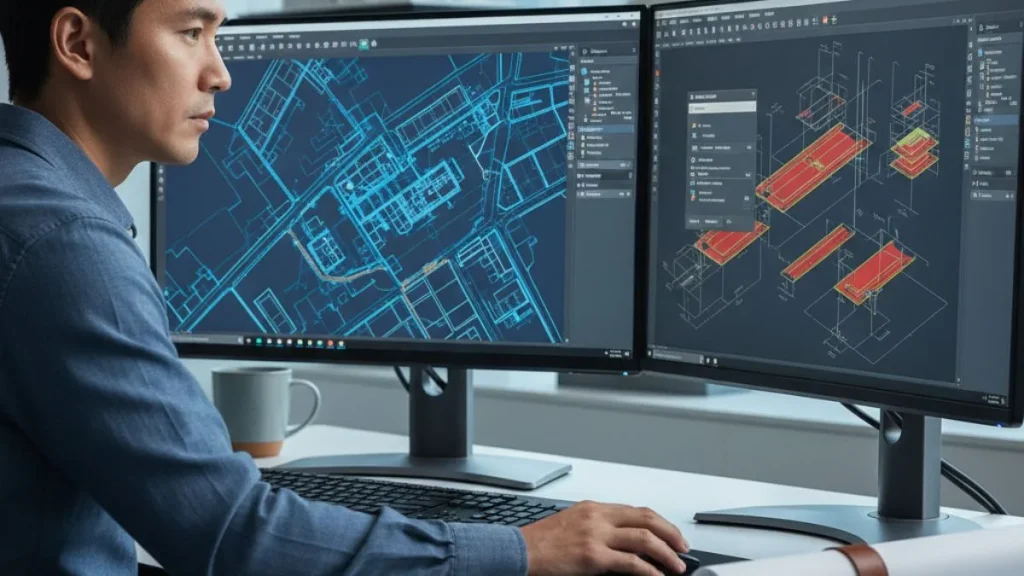 Modelo AutoCAD sendo avaliado por um profissional para selecionar corretamente o modelo mais adequado a um projeto técnico.