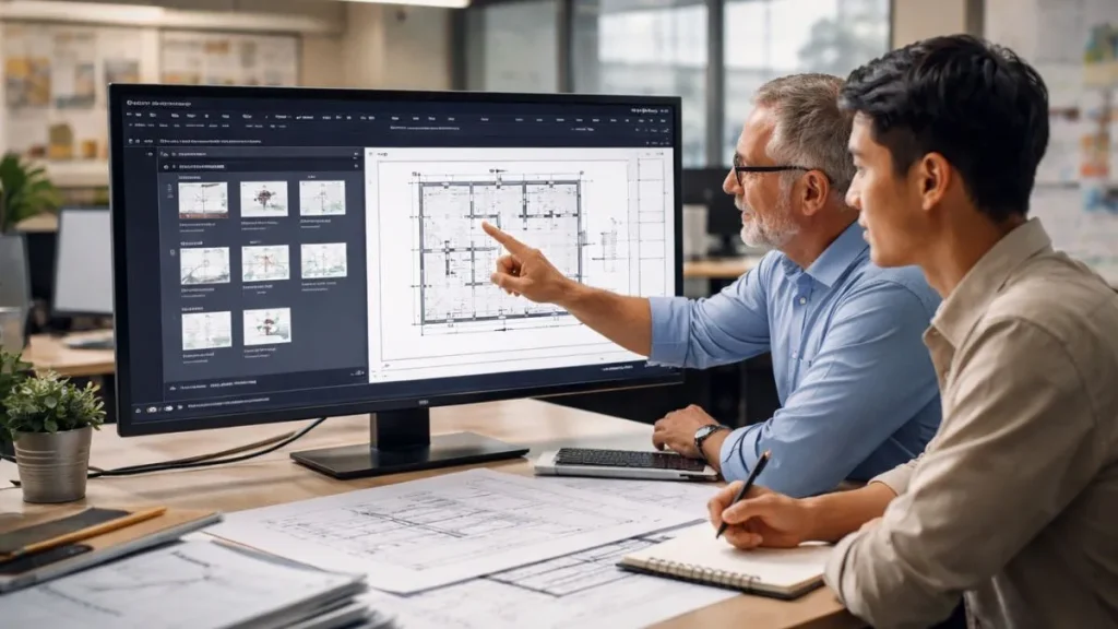 Modelo no AutoCAD sendo utilizado por profissionais para selecionar corretamente um novo template em um projeto técnico 2D.