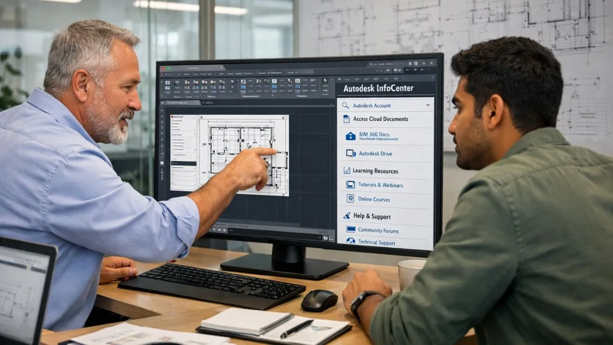 InfoCenter no AutoCAD exibindo acesso a recursos online da Autodesk, como documentos em nuvem, materiais de aprendizado e suporte técnico, enquanto profissionais analisam um projeto em ambiente colaborativo.