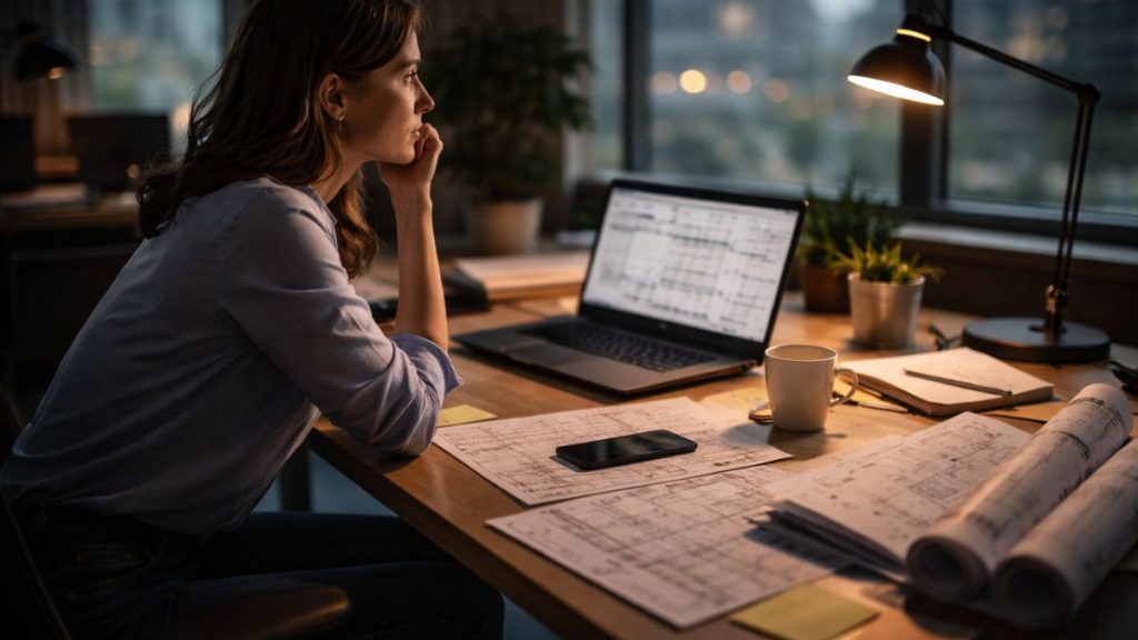 Profissional em pausa diante de um ambiente técnico organizado, em um momento de rotina silenciosa e decisão automática.