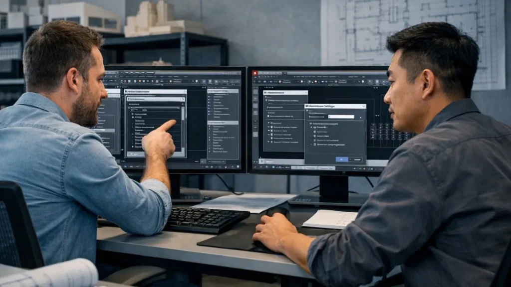 Espaço de trabalho técnico com dois profissionais configurando e analisando painéis e ferramentas do AutoCAD em monitores duplos durante um processo passo a passo.