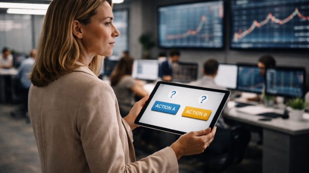 Profissional observa opções de decisão em um ambiente corporativo, enquanto outros trabalham ao fundo, indicando um cenário onde escolhas não são mais automáticas.