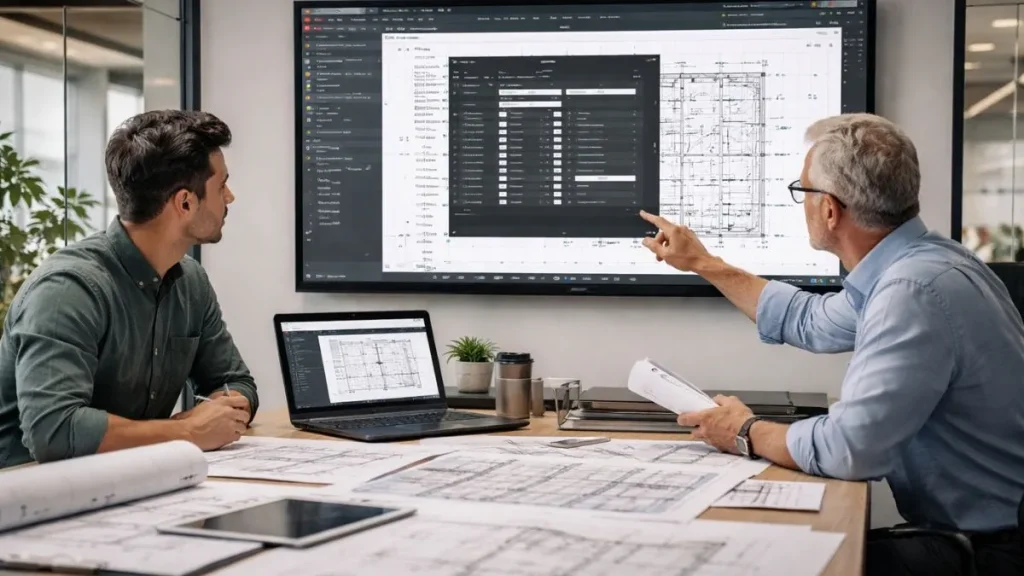 Profissionais analisando caixas de diálogo do AutoCAD em reunião técnica para otimizar configurações e fluxo de trabalho em projeto 2D.