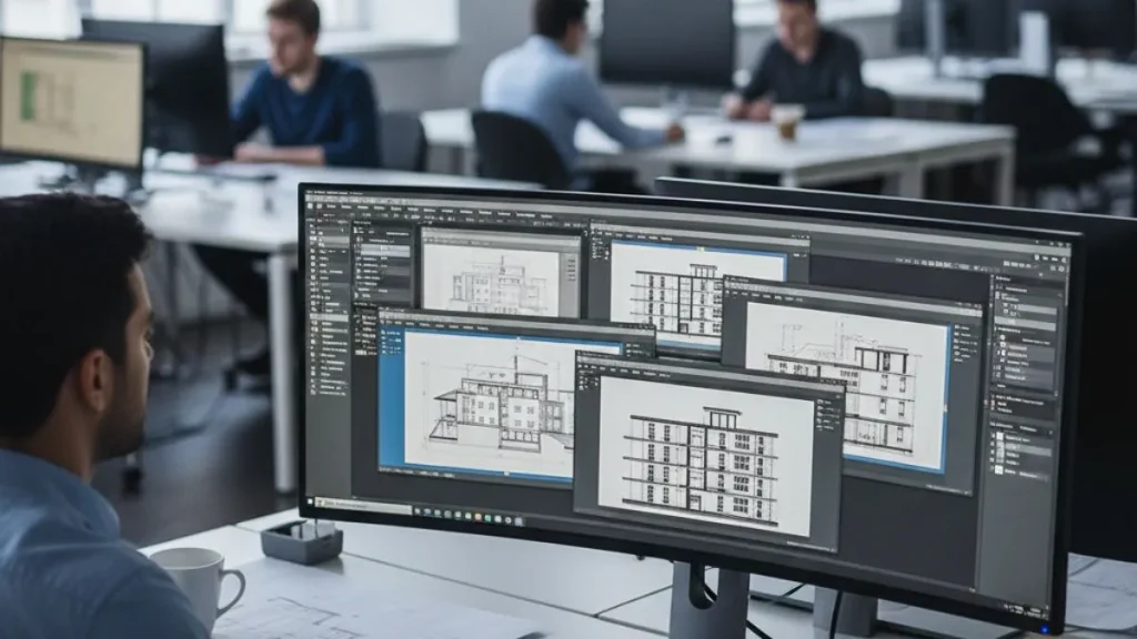 Trabalhar com Vários Arquivos no AutoCAD exibindo múltiplos desenhos abertos simultaneamente na tela, permitindo comparação visual, organização de projetos e maior produtividade no ambiente de trabalho CAD.