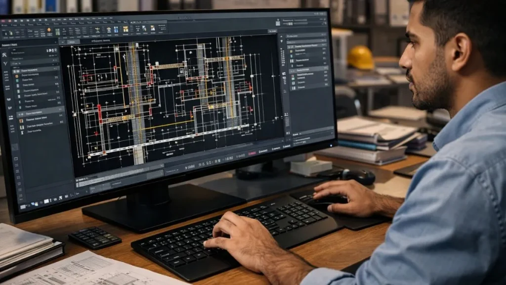 Barra de status do AutoCAD sendo utilizada para aumentar a produtividade durante a edição de um projeto técnico complexo.