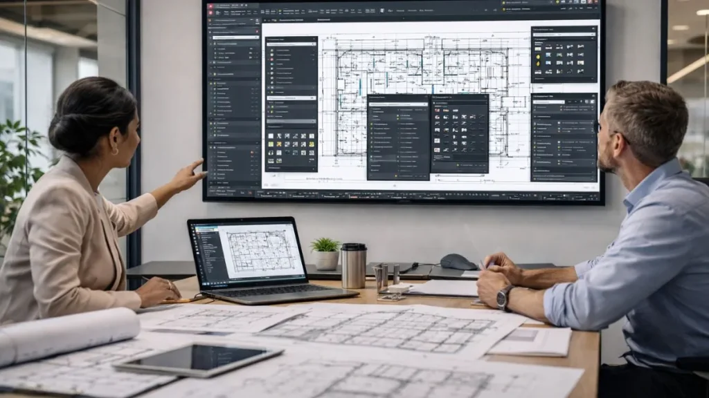 Paletas no AutoCAD organizadas e utilizadas em conjunto por profissionais para gerenciar múltiplas ferramentas e informações em um projeto técnico 2D.