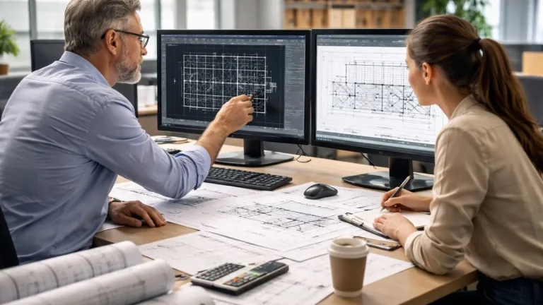 Espaço do Modelo no AutoCAD sendo utilizado por engenheiros em ambiente corporativo, com desenhos técnicos 2D exibidos em monitores durante a análise de um projeto.