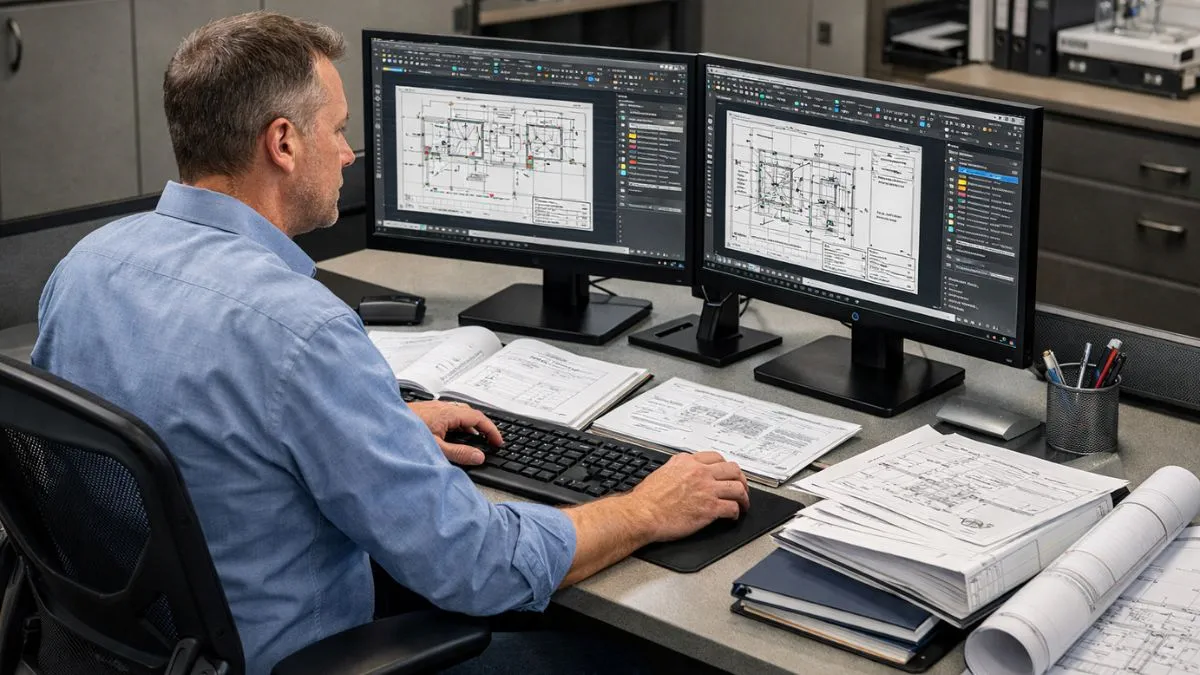 Modelo no AutoCAD sendo comparado por um profissional para identificar diferenças entre templates disponíveis em projetos técnicos 2D.