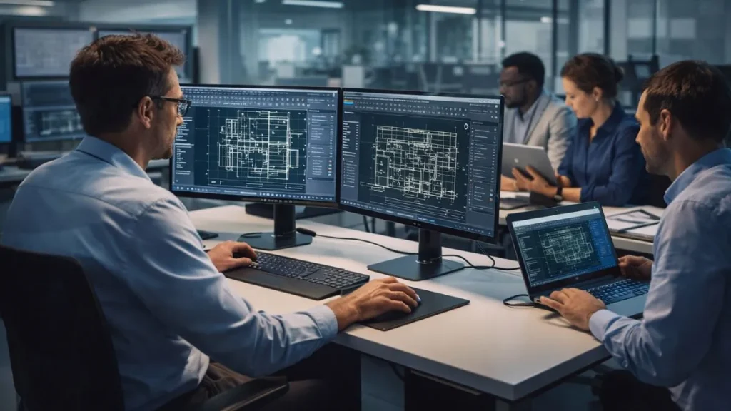 Espaço de trabalho avançado com equipe técnica utilizando múltiplos dispositivos e monitores para aumentar a produtividade no AutoCAD em ambiente corporativo.