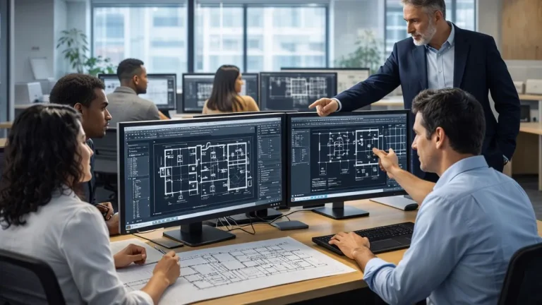Workspace no AutoCAD: Equipe de engenheiros e projetistas colaborando em um escritório corporativo, analisando desenhos técnicos em múltiplos monitores com o workspace no AutoCAD configurado para projetos 2D.