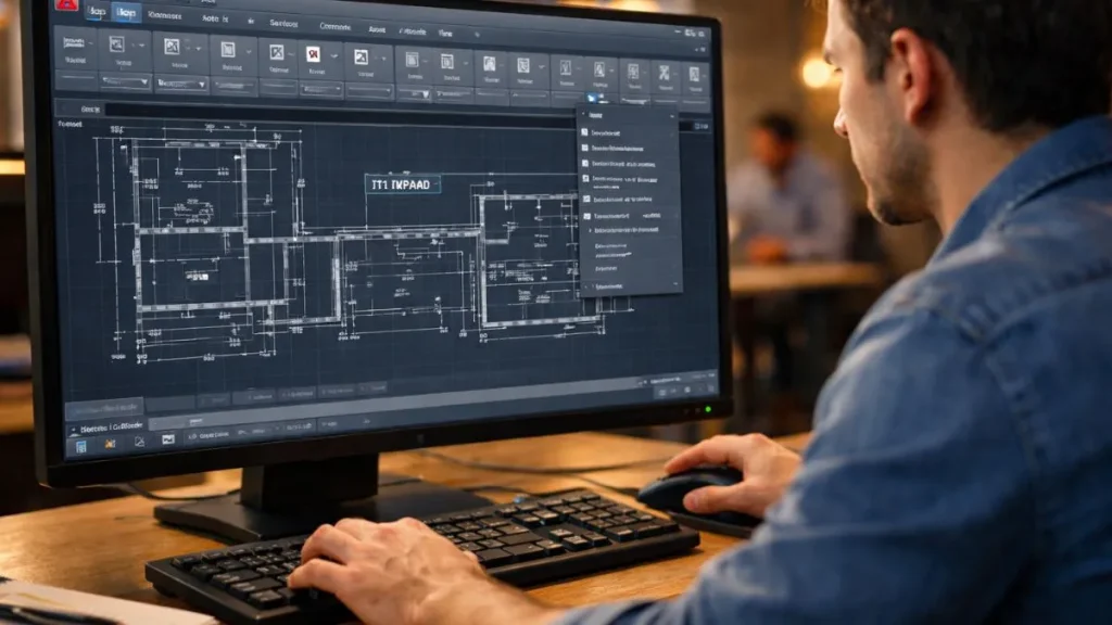 Faixa de Opções do AutoCAD demonstrando sua estrutura com abas, painéis e comandos organizados para facilitar o acesso às ferramentas de desenho e edição durante o desenvolvimento de um projeto técnico.