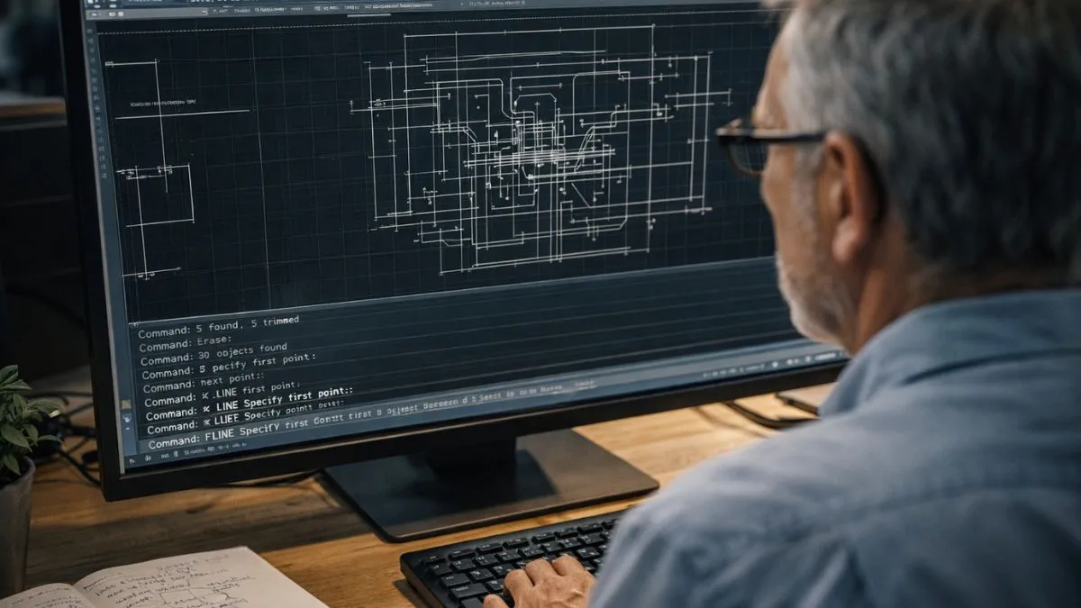 Linha de comando do AutoCAD sendo utilizada por profissional para execução guiada de comandos, com leitura do histórico e mensagens do sistema durante o desenho técnico.