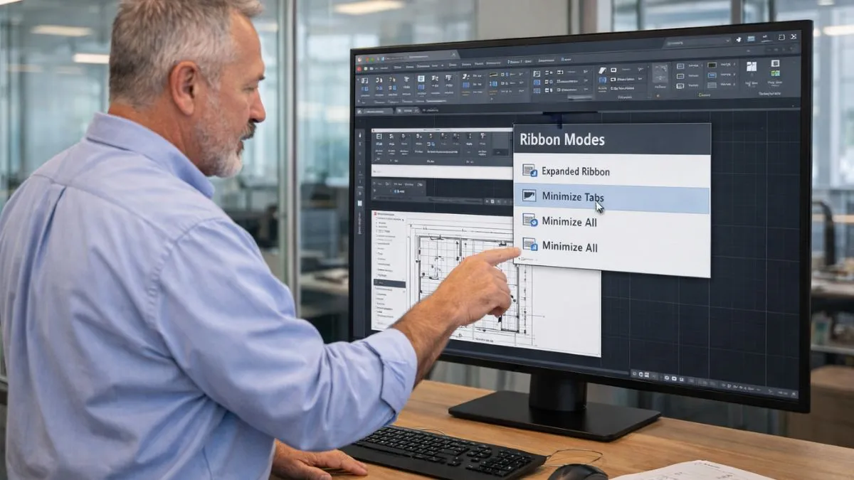 Faixa de Opções do AutoCAD sendo configurada para exibir, ocultar e organizar abas e painéis, permitindo ao usuário ajustar a interface conforme o fluxo de trabalho do projeto técnico.