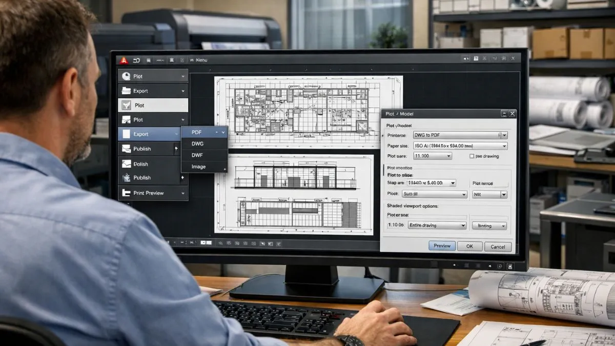 Menu de Aplicação do AutoCAD exibido durante o processo de exportação e impressão de um desenho técnico, com um projetista configurando opções de plotagem e geração de arquivos PDF a partir de uma planta arquitetônica 2D.