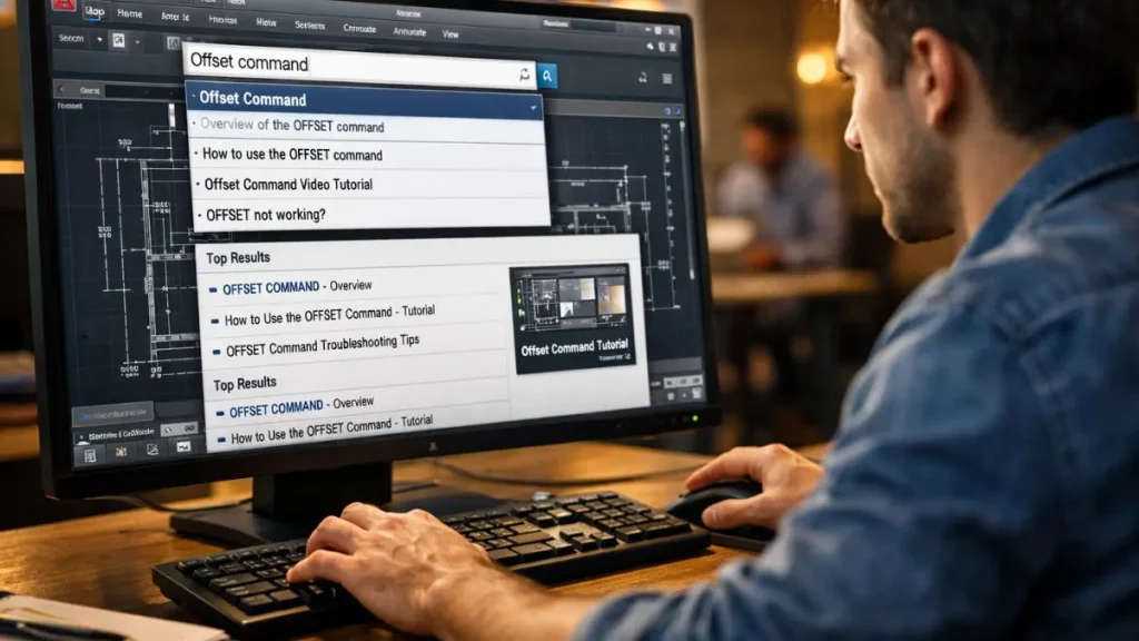 InfoCenter no AutoCAD sendo utilizado para pesquisa de comandos e acesso à ajuda integrada, com destaque para resultados relacionados ao comando Offset enquanto um profissional trabalha em um desenho técnico.