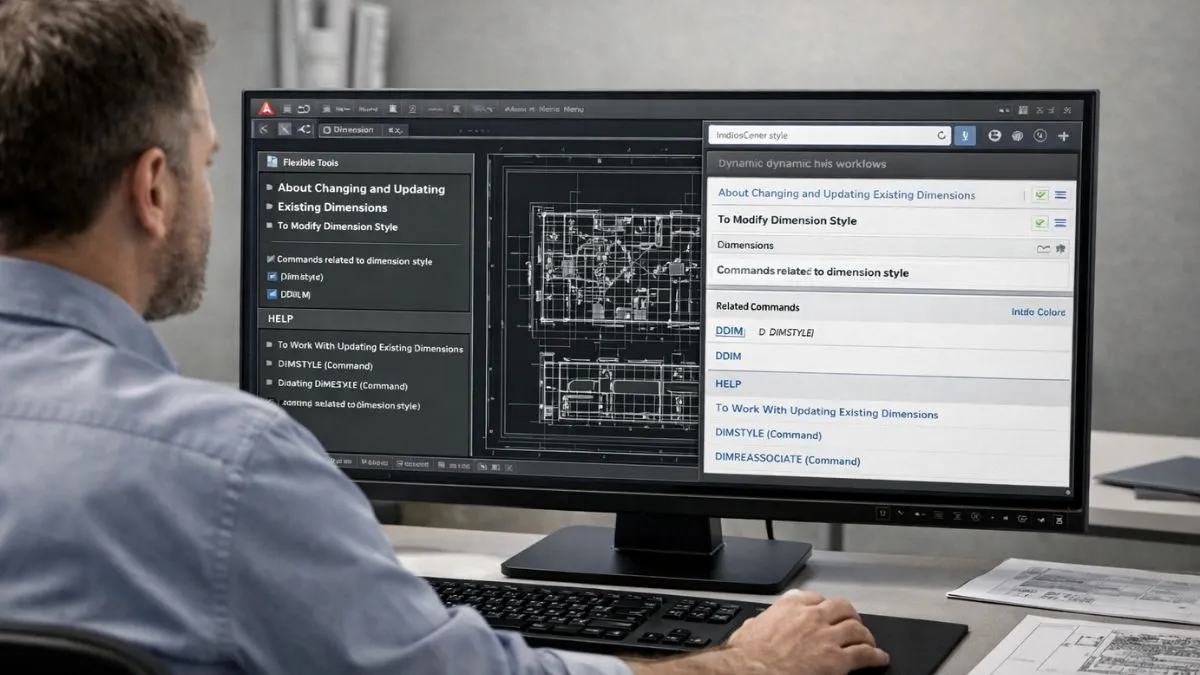 Menu de Aplicação do AutoCAD demonstrando flexibilidade no acesso a comandos, ajuda contextual e personalização de ferramentas, enquanto um profissional trabalha em um desenho técnico detalhado.