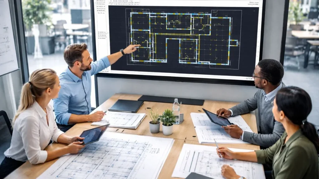 Fluxo de trabalho no AutoCAD ao mudar a cor da área gráfica durante a análise colaborativa do projeto.