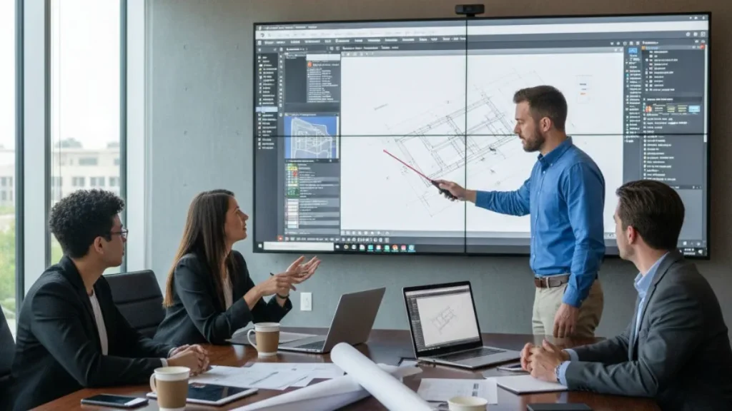 Trabalhar com Vários Arquivos no AutoCAD em um ambiente colaborativo, com equipe analisando múltiplos desenhos técnicos simultaneamente em uma tela compartilhada para tomada de decisões e revisão de projetos.
