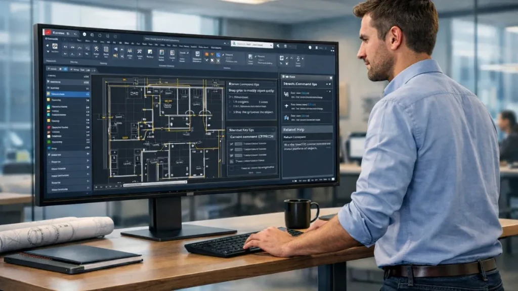Ajuda no AutoCAD integrada ao fluxo de trabalho, exibindo sugestões e informações contextuais enquanto o usuário desenvolve um projeto técnico detalhado.