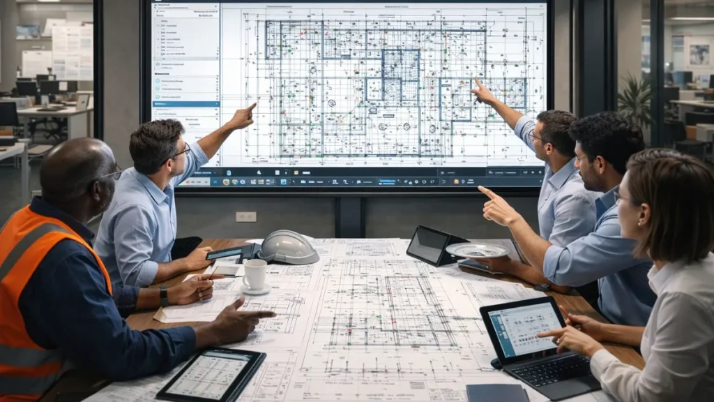 Barra de status do AutoCAD sendo utilizada em um fluxo de trabalho colaborativo para análise e coordenação de um projeto técnico.