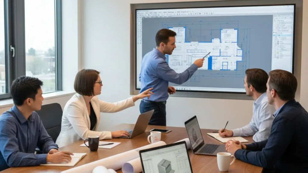 Janela de desenho do AutoCAD sendo utilizada em reunião técnica, com equipe analisando planta arquitetônica diretamente na área gráfica para revisão e tomada de decisões colaborativas.