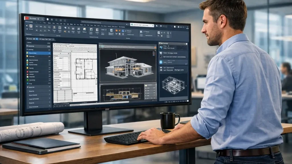 InfoCenter no AutoCAD integrado ao fluxo de trabalho profissional, auxiliando no acesso a informações, ajuda e recursos técnicos enquanto um projetista desenvolve e analisa modelos e plantas em um ambiente corporativo.