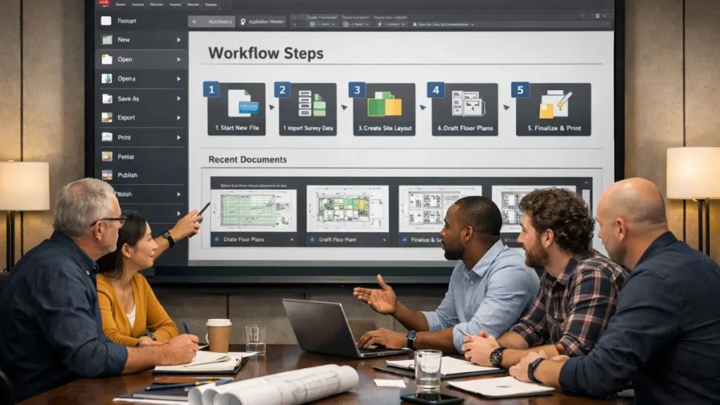 Menu de Aplicação do AutoCAD apresentado em um ambiente corporativo durante uma reunião de equipe, ilustrando um fluxo de trabalho com etapas de criação, edição e finalização de projetos técnicos.