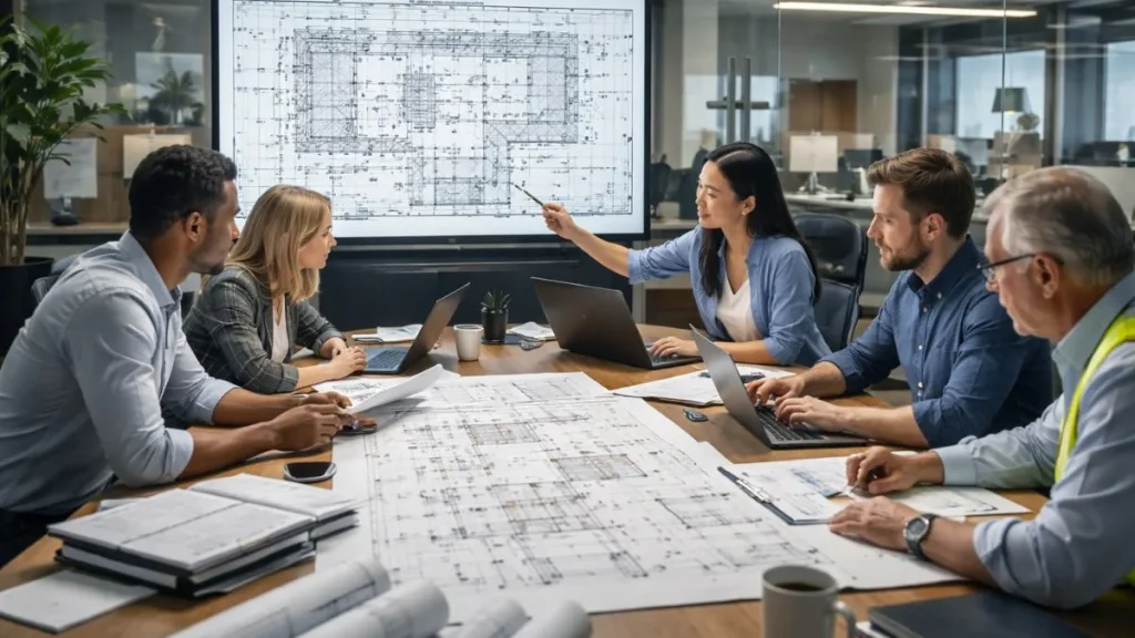 Modelo no AutoCAD sendo utilizado em fluxo de trabalho colaborativo por uma equipe para análise, revisão e tomada de decisões em projeto técnico 2D.
