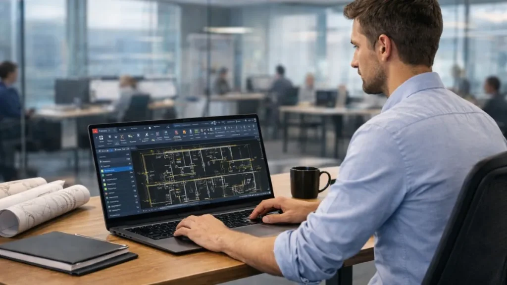 Reposicionamento da Ribbon no AutoCAD aplicado ao fluxo de trabalho, mostrando a interface ajustada para maior eficiência durante a edição de projetos.